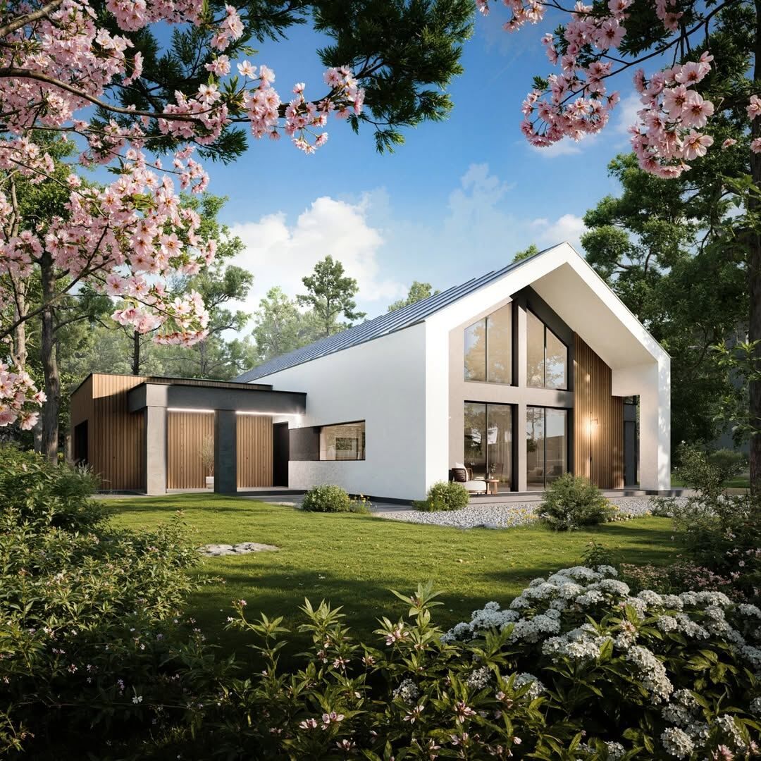 Barnhouse от Renco — фасада сред цъфнала градина